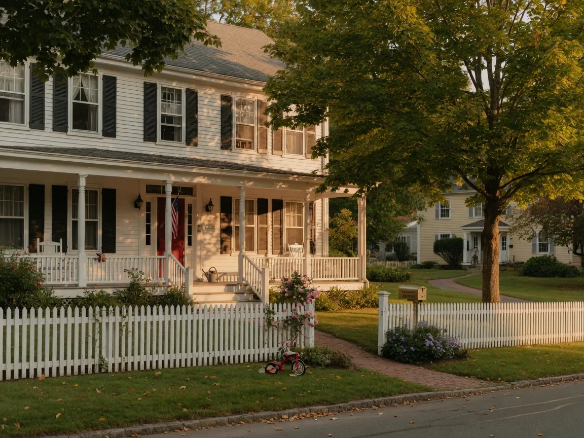 A classic New England colonial home in a quiet Connecticut neighborhood on a warm late summer afternoon