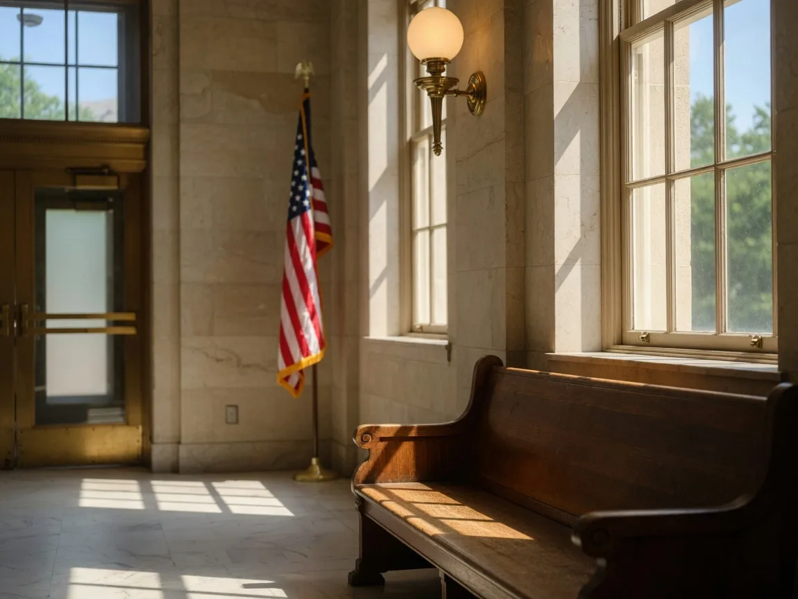 A Connecticut probate court lobby with warm sunlight streaming through tall windows onto wooden benches and brass fixtures