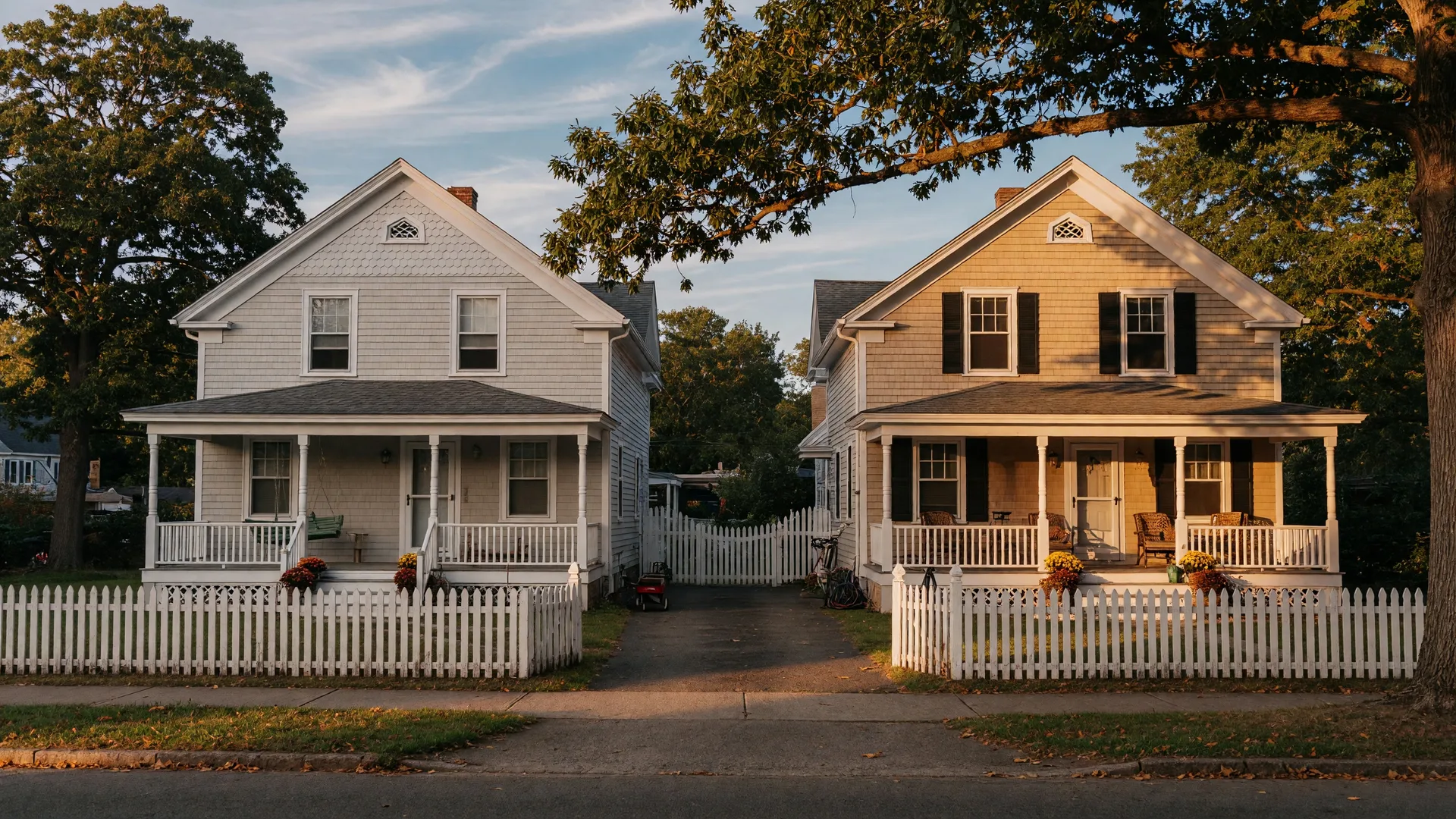 Two classic New England homes side by side in a quiet Connecticut neighborhood at golden hour, suggesting shared property and family connections