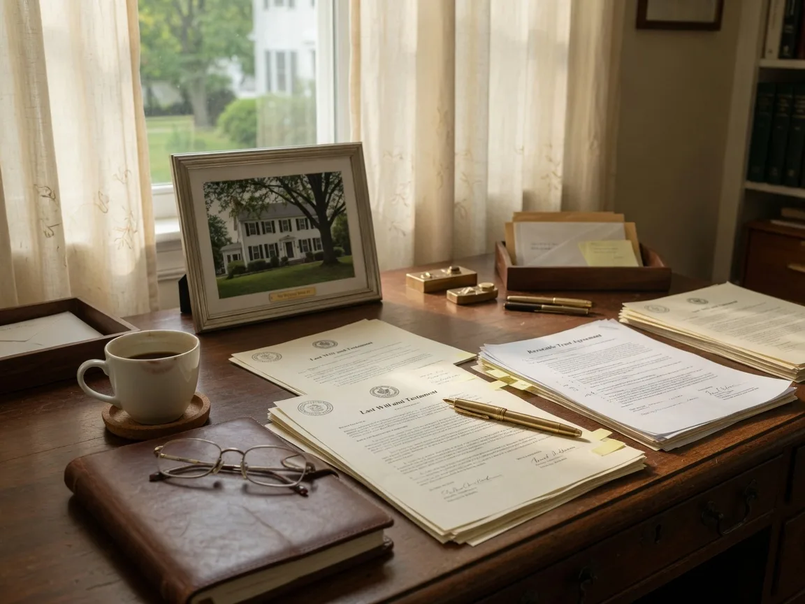 A warm home office setting with estate planning documents, reading glasses, and a cup of coffee — the kind of thoughtful preparation that goes into managing an estate