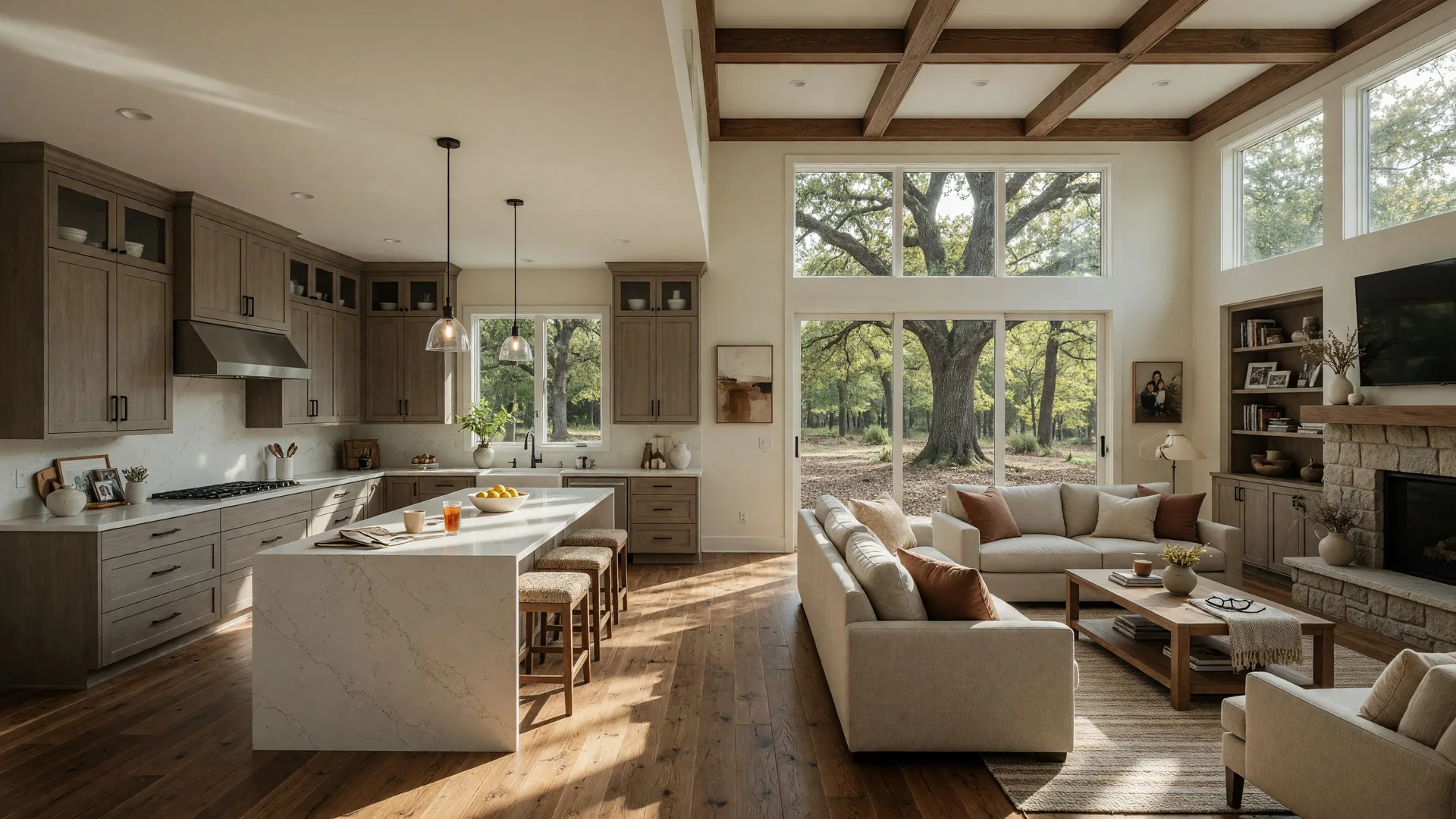 Modern open-concept great room in a luxury custom home with large windows overlooking wooded acreage in Southeast Michigan