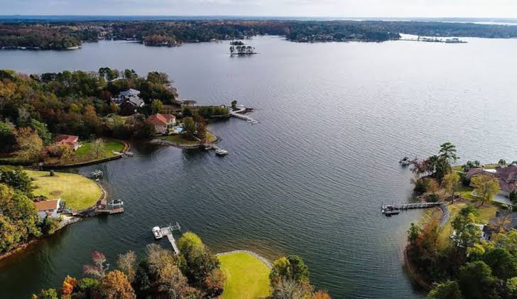 Aerial drone view of Lake Murray coves and waterfront residential lots in the Columbia SC Midlands