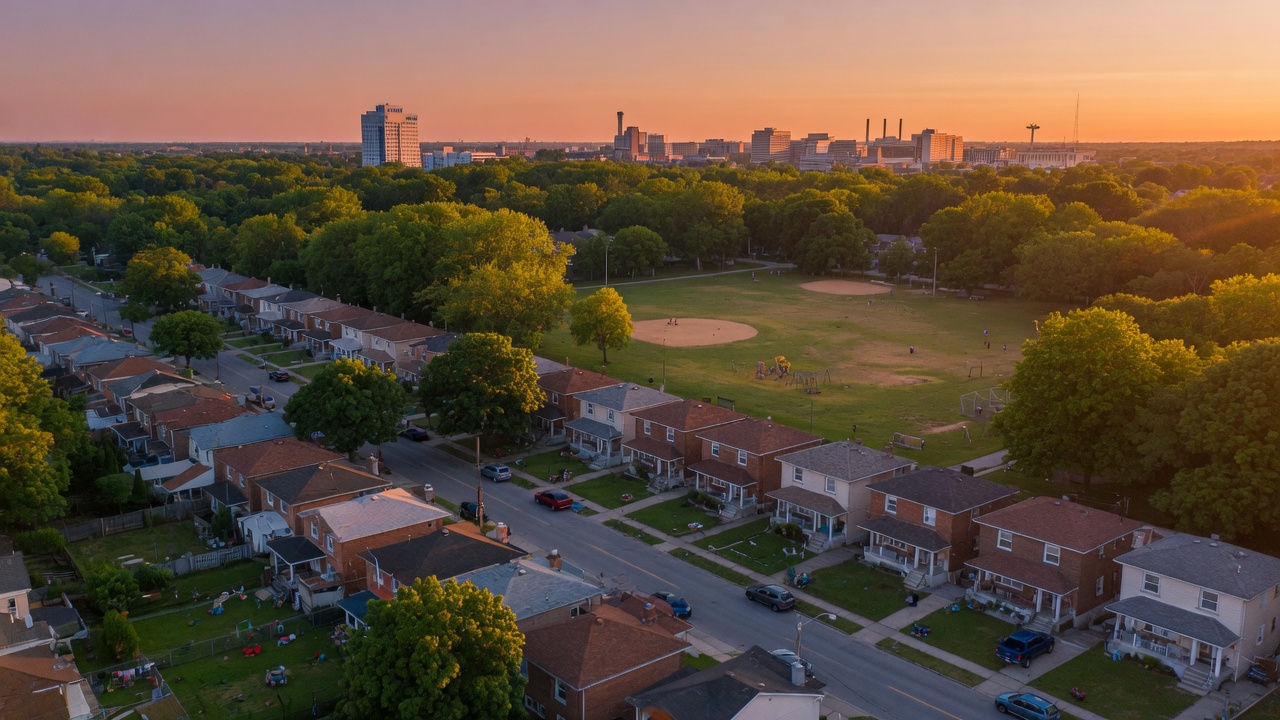 Aerial view of Hamilton neighbourhood with tree-lined streets and homes