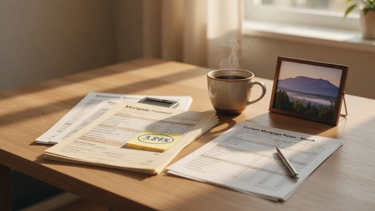 Mortgage documents on a wooden desk with a coffee cup