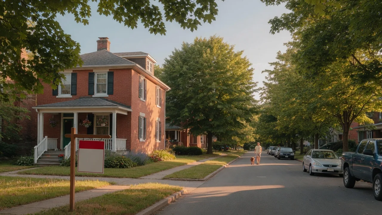 A quiet residential street on Hamilton Mountain with a For Sale sign in the warm summer sun