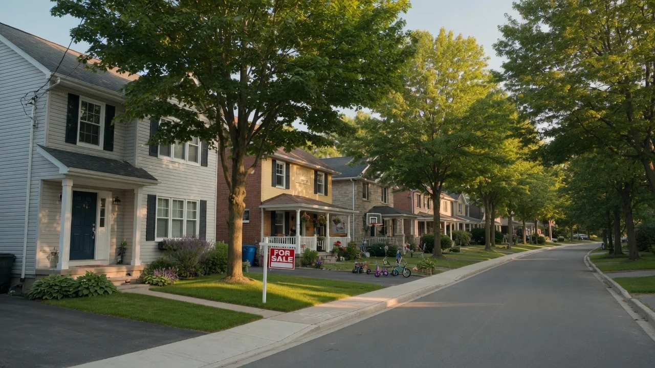 A quiet residential street on Hamilton Mountain with a FOR SALE sign in the warm summer sun
