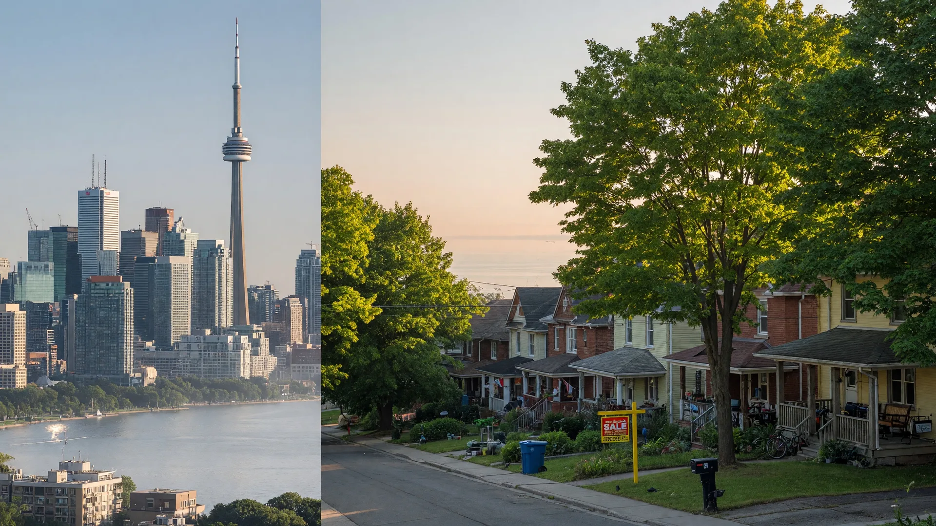 Panoramic view contrasting Toronto's skyline with Hamilton's residential streets