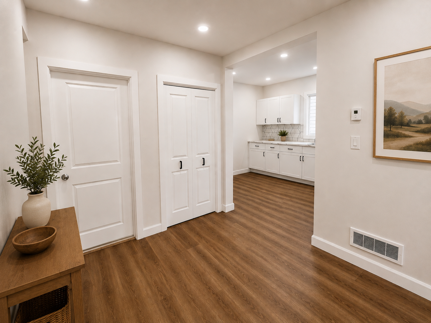 Hallway view looking into the updated kitchen with white shaker cabinets