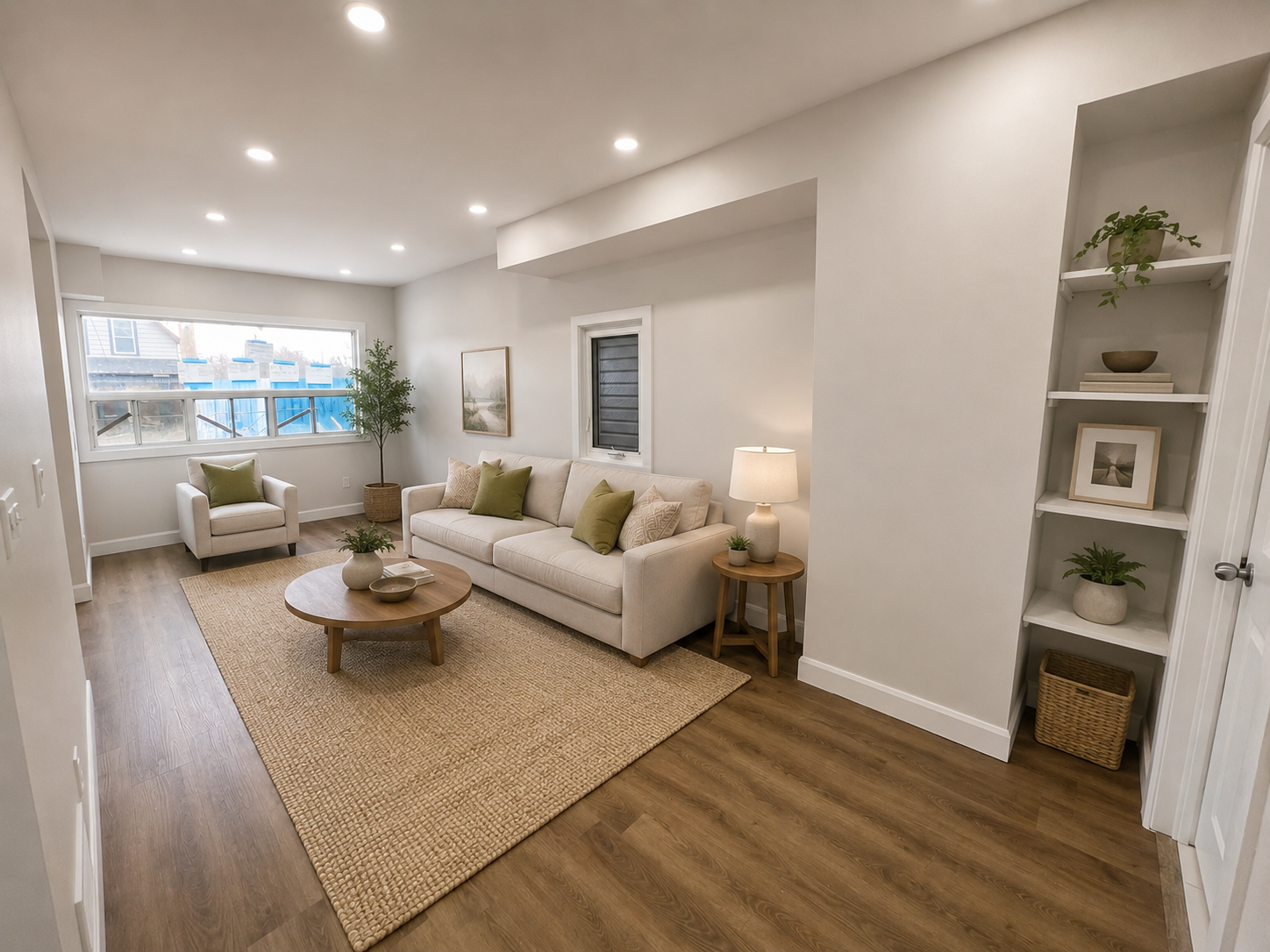 Open-concept living room with luxury vinyl plank floors and recessed lighting