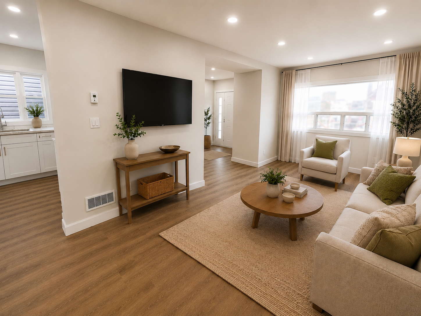 Bright open living room with vaulted ceilings and luxury vinyl plank flooring