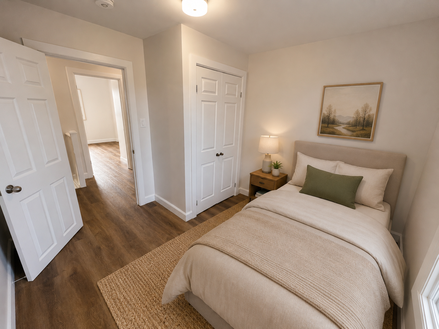 Second bedroom with white panel doors and synthetic wood-look flooring