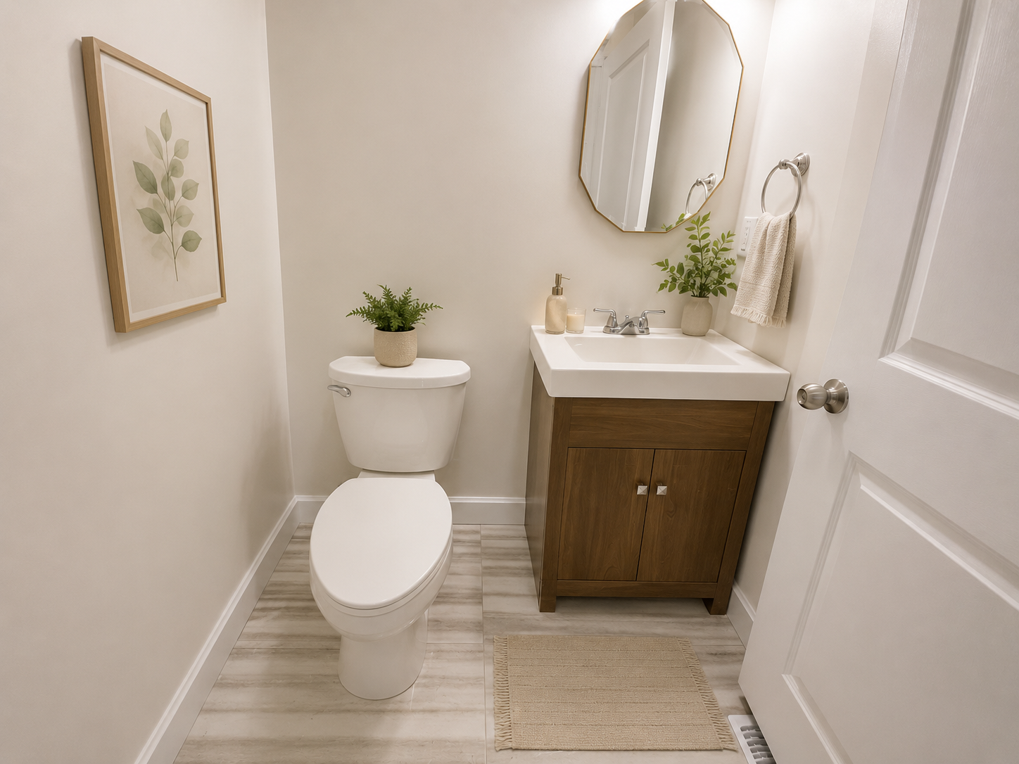 Main floor powder room with wood vanity