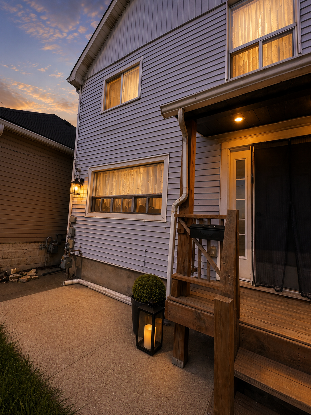 Backyard side profile showing vinyl siding, wooden porch staircase, and concrete patio