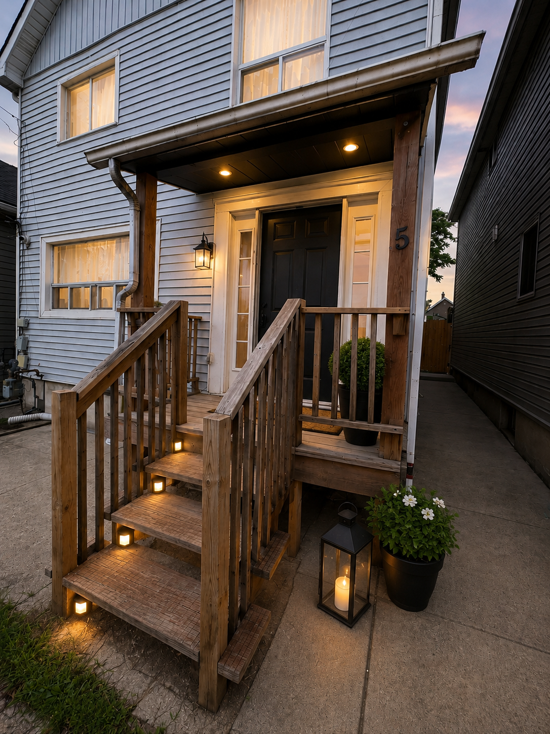 Front porch of 5 Rowanwood St at twilight with warm lighting