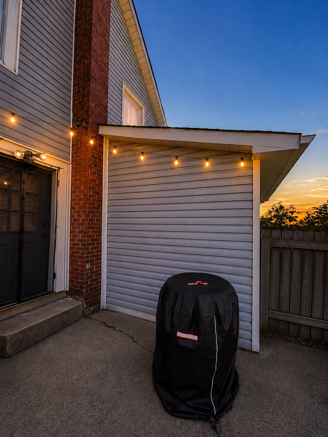 Backyard patio at dusk with bistro string lights and chimney accent