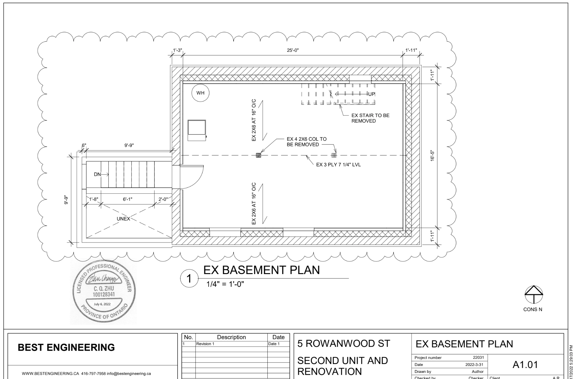 Basement floor plan showing current layout with structural framing and stairs