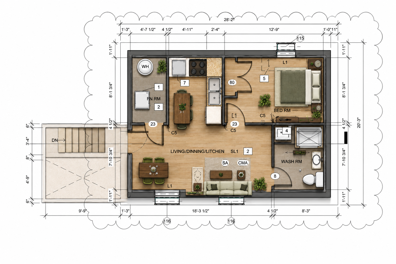 Furnished floor plan overview showing living, dining, and kitchen area with one bedroom and washroom