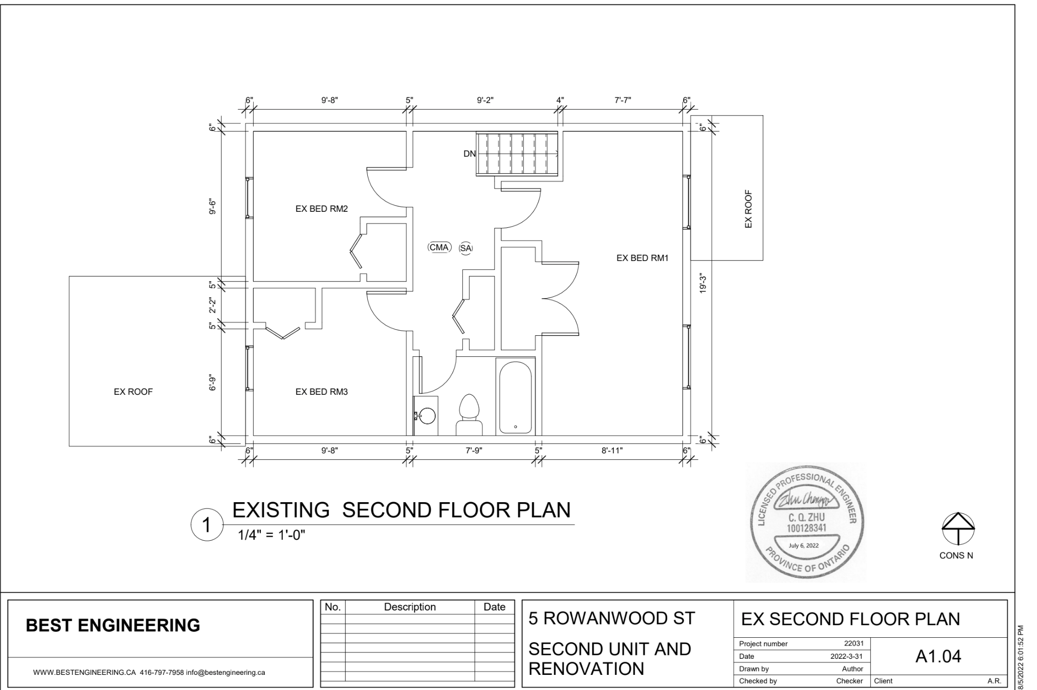 Second floor plan showing three bedrooms, a bathroom, and stairwell layout