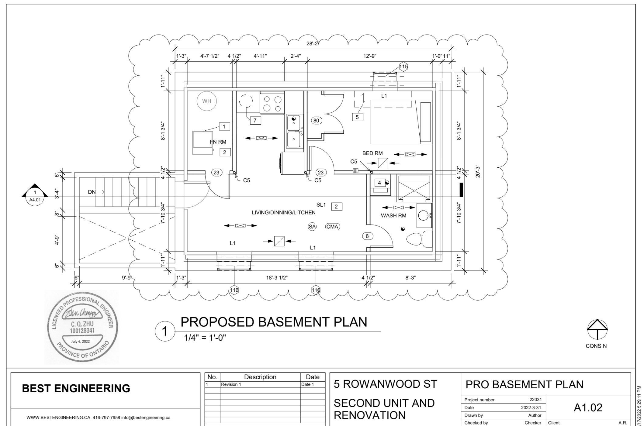 Proposed basement renovation layout showing living area, kitchen, bedroom, and washroom