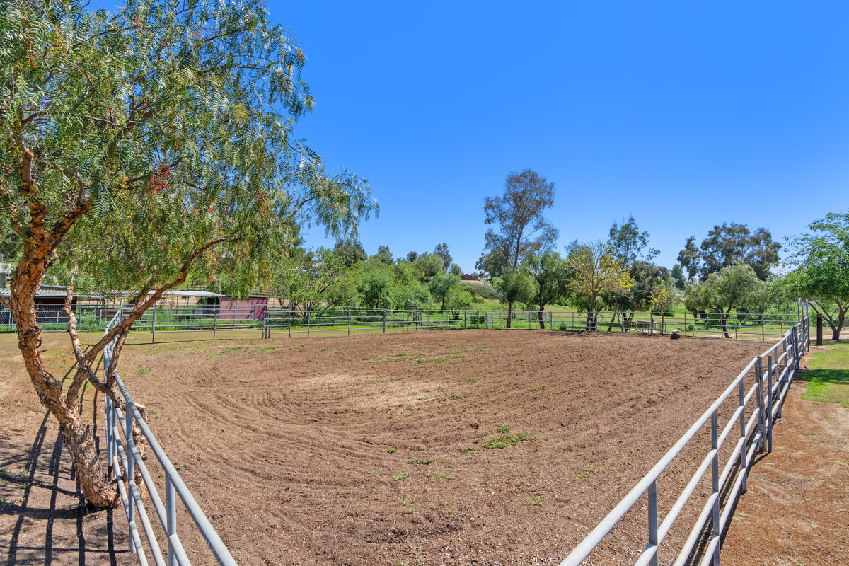 Riding arena with dirt surface and pepper trees