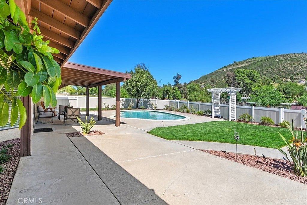 Covered patio overlooking swimming pool