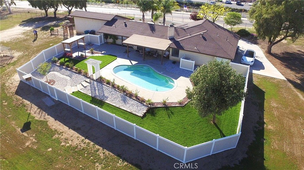 Aerial view of pool and backyard