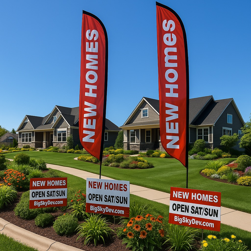 New homes community signage at Oaks of Tyrone with open house signs and flag banners in Tyrone Township Michigan