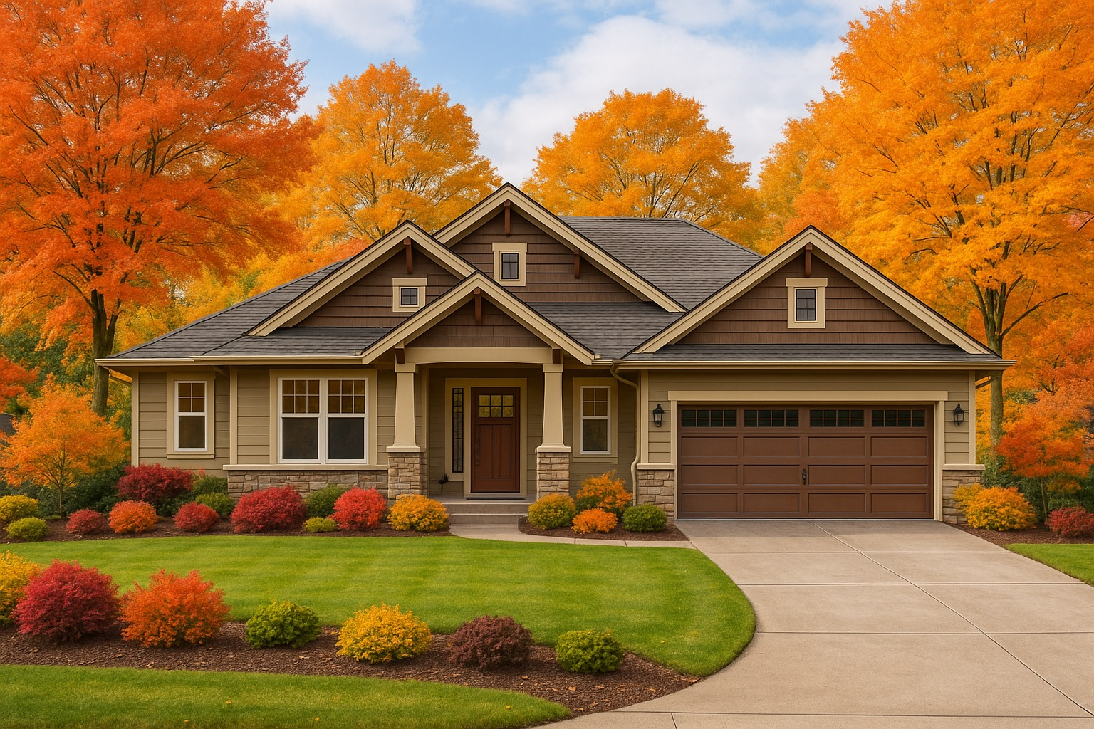 Finished craftsman-style home with brown shake and lap siding and a stone veneer base set among fall foliage