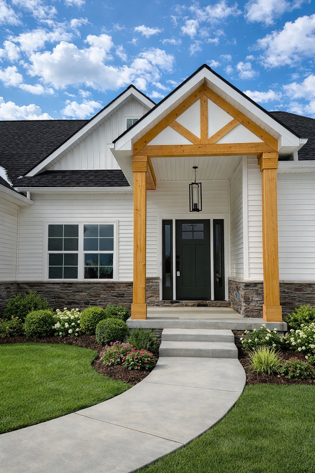 Craftsman-style luxury home entrance with stone veneer, timber posts, and a covered porch in Southeast Michigan