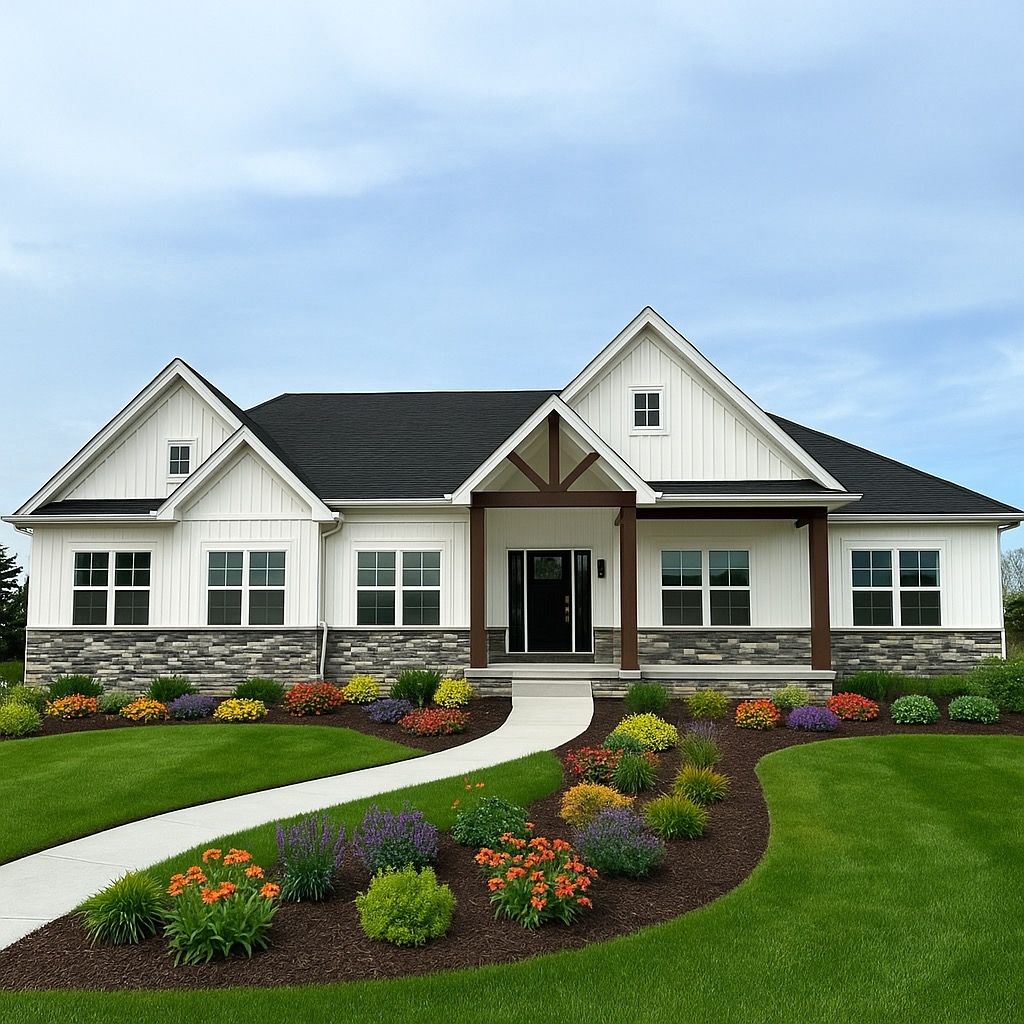 Completed custom farmhouse style home on a manicured lot near Fenton Michigan, what an Oaks of Tyrone build looks like at move-in