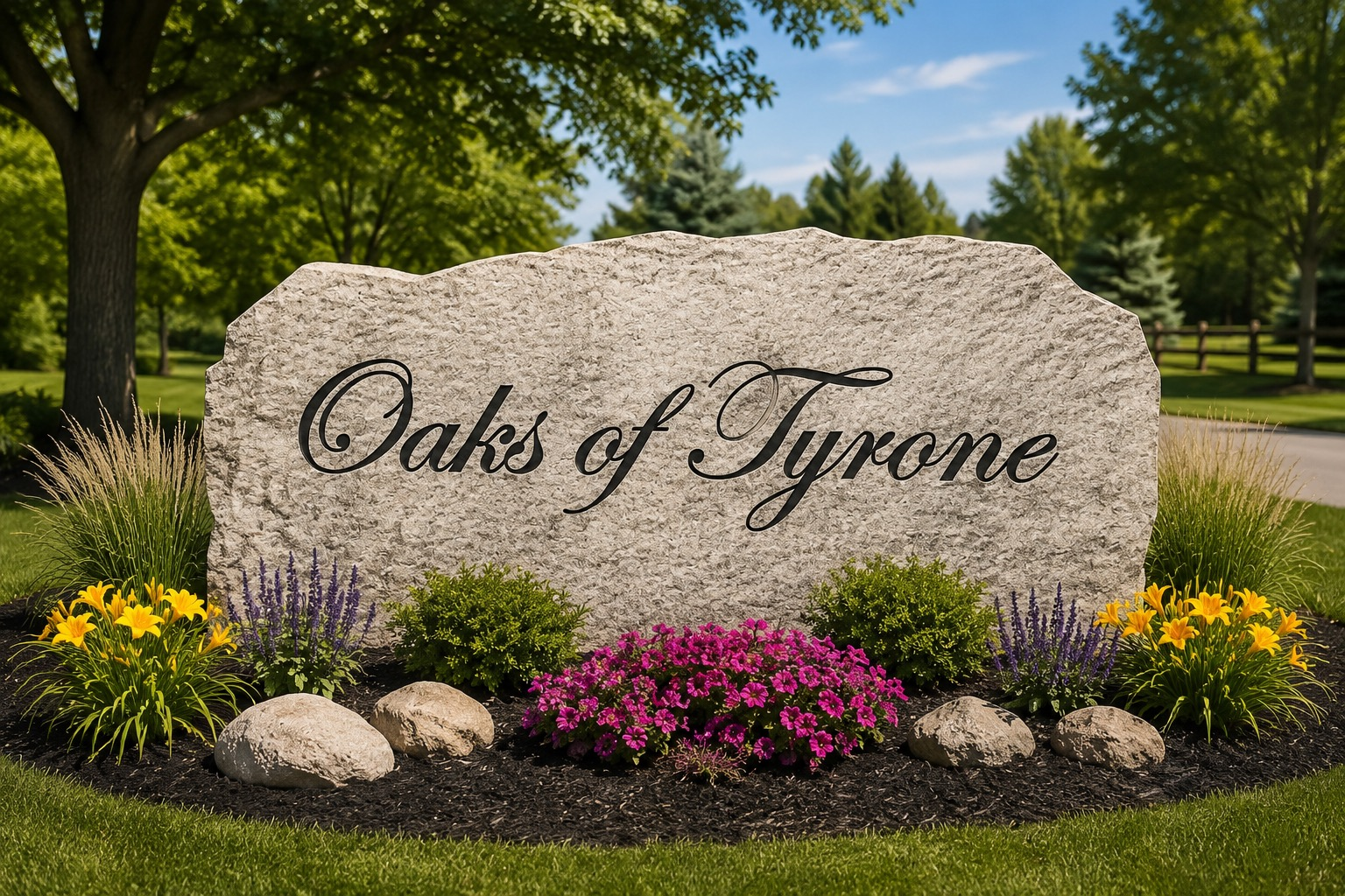 Stone monument entrance sign at a Big Sky Development community with engraved lettering and natural landscaping
