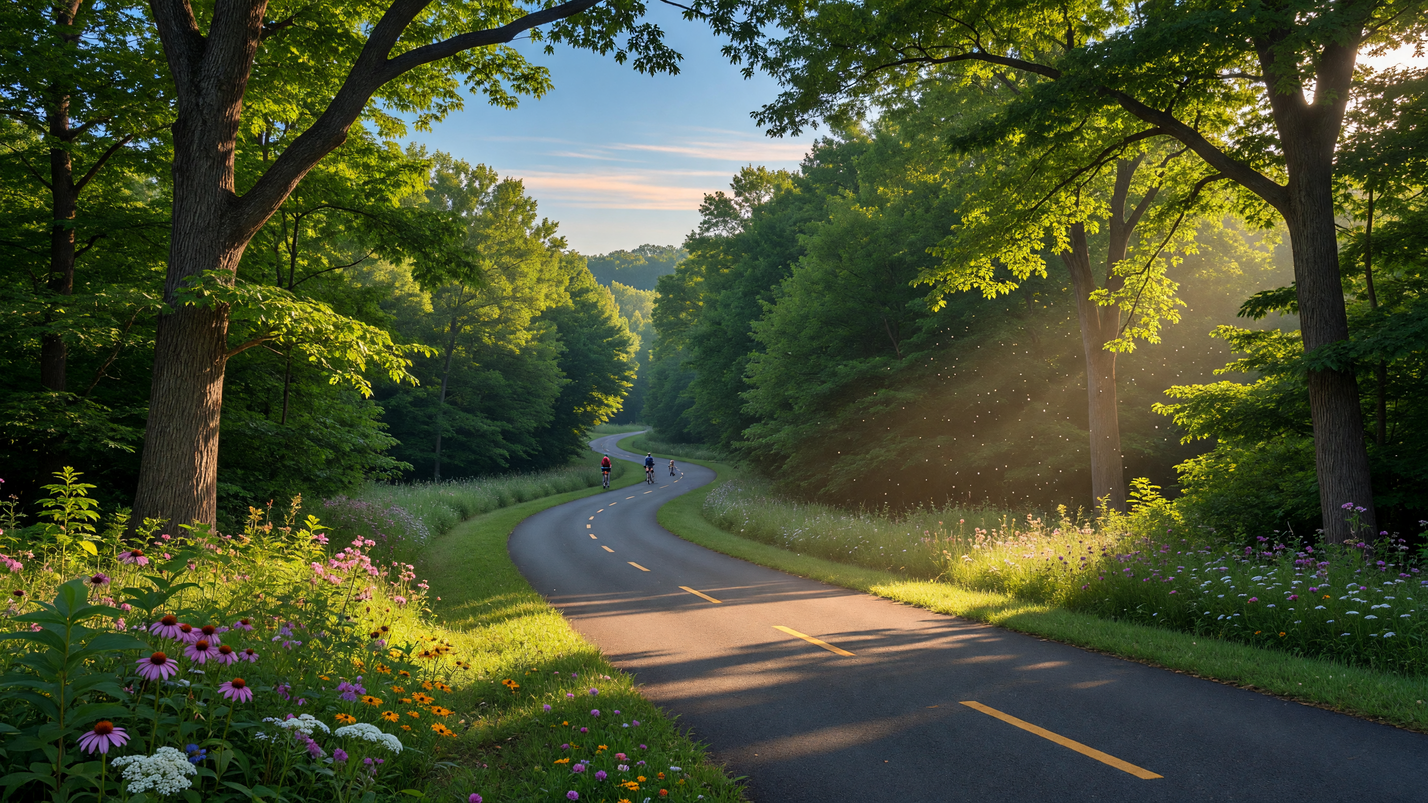 Scenic paved trail through lush Virginia countryside on the Virginia Capital Trail near Varina