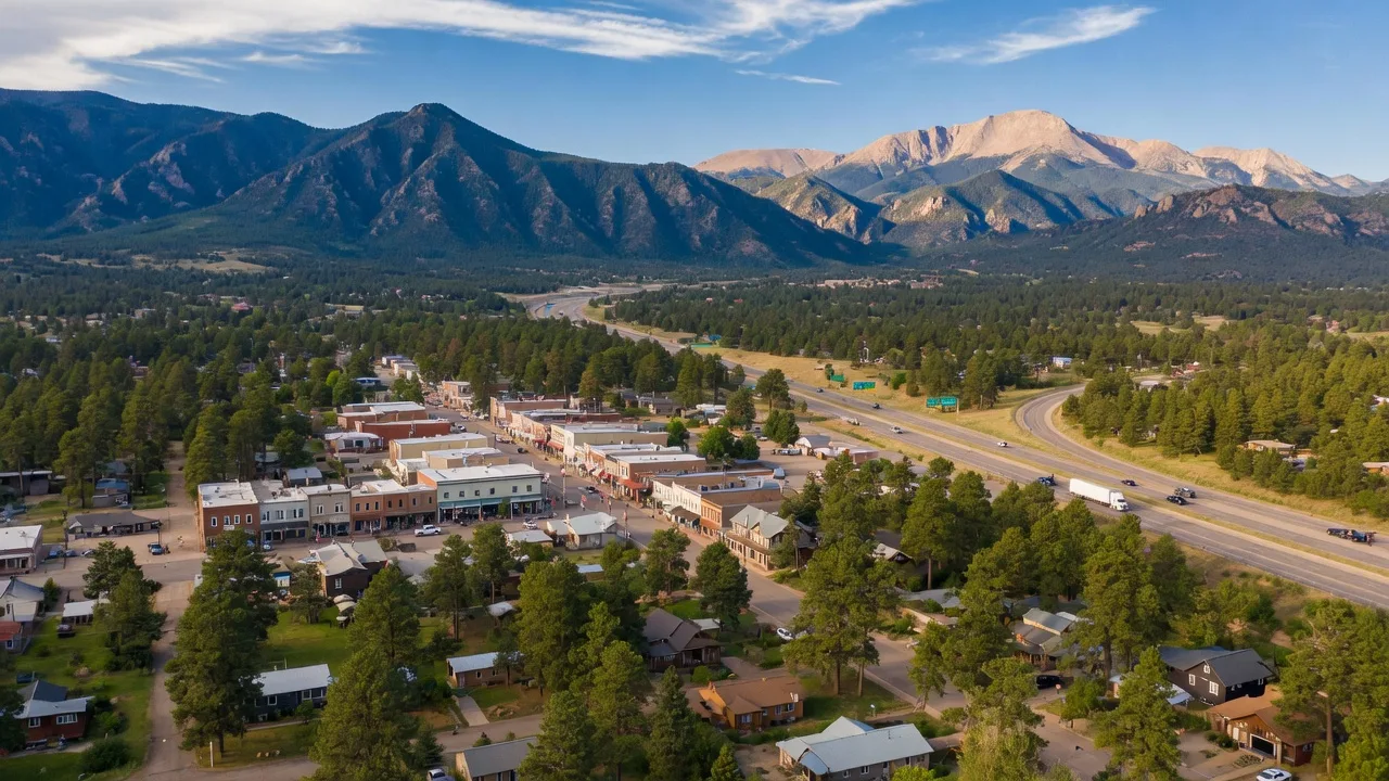 Aerial view of Monument, Colorado with the Rampart Range and Pikes Peak