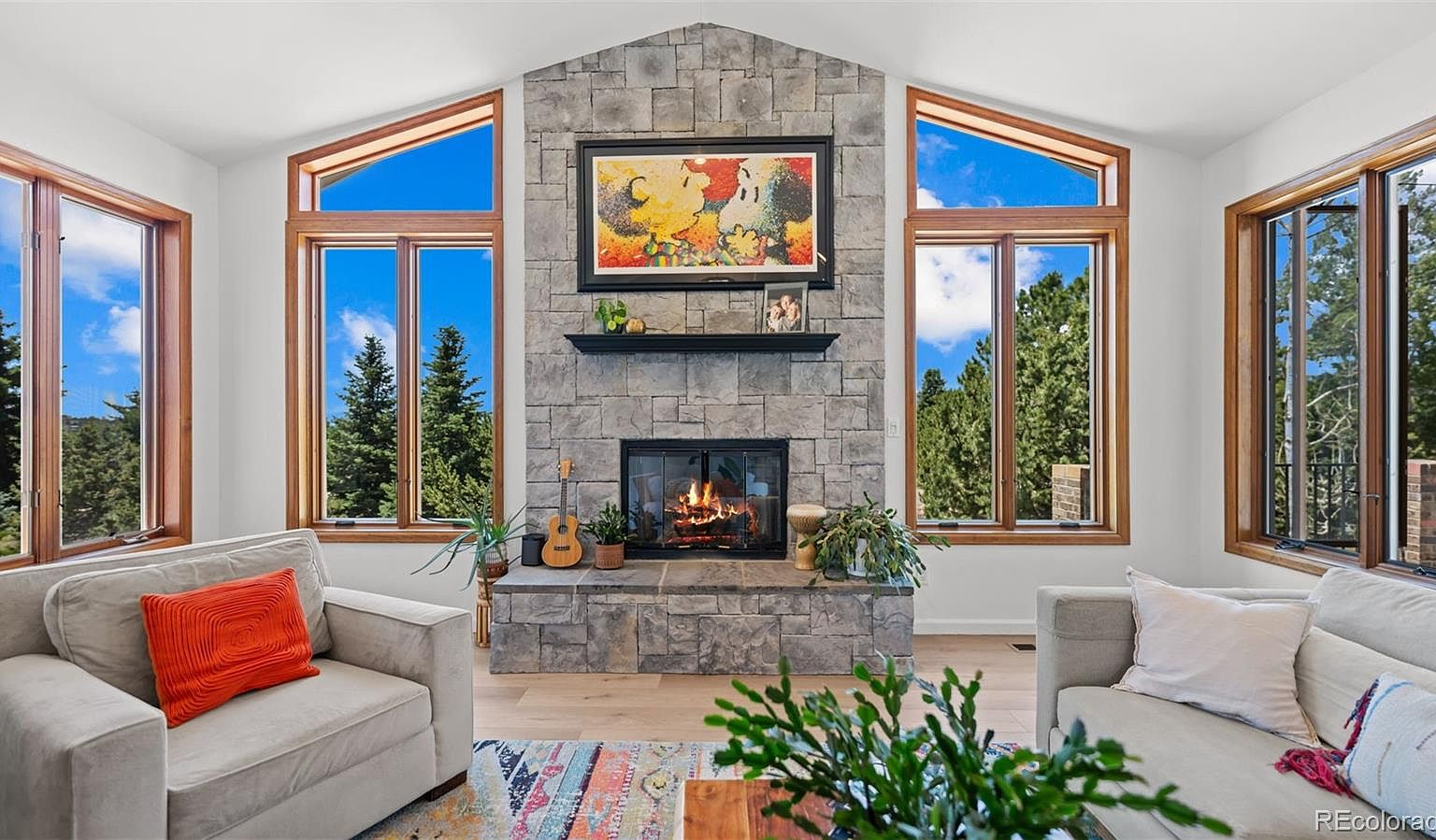 Stone fireplace in living room
