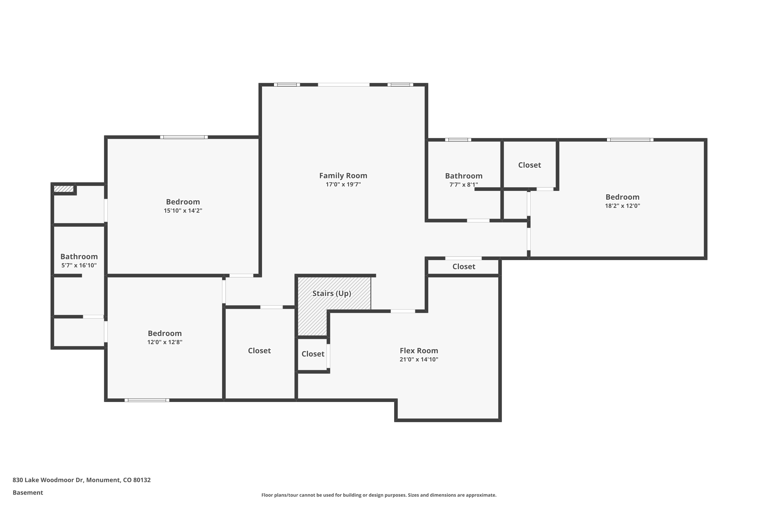 Basement Level floorplan of 830 Lake Woodmoor showing family room, secondary suite, and additional bedrooms