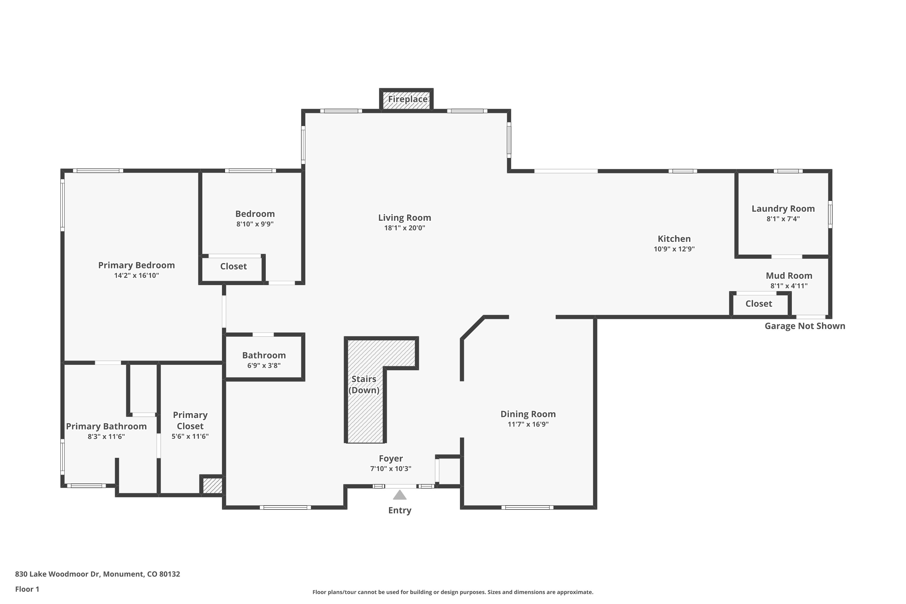 Main Level floorplan of 830 Lake Woodmoor showing kitchen, living room, primary suite, and guest bedroom
