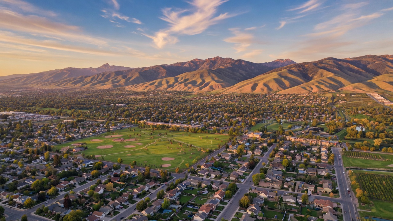Tree-lined residential street in Boise Idaho at golden hour