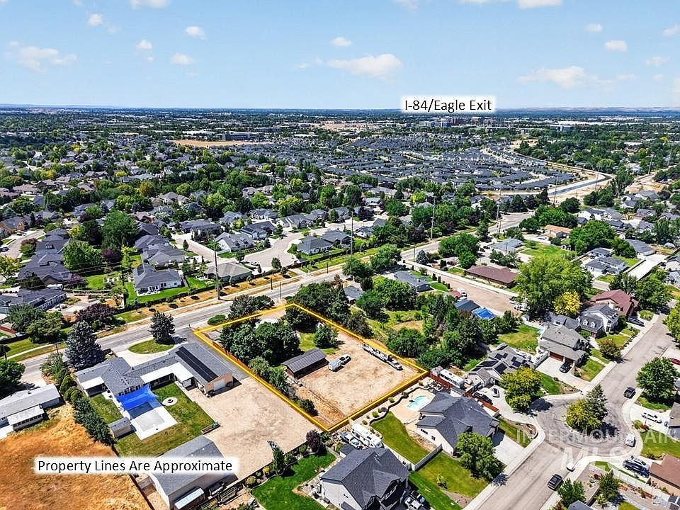 Aerial drone view of the 0.88-acre property showing lot boundaries in Boise, Idaho