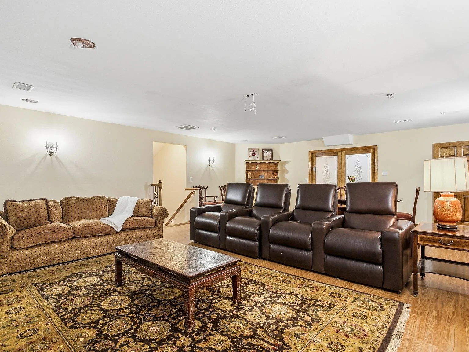 Media and game room with theater-style seating