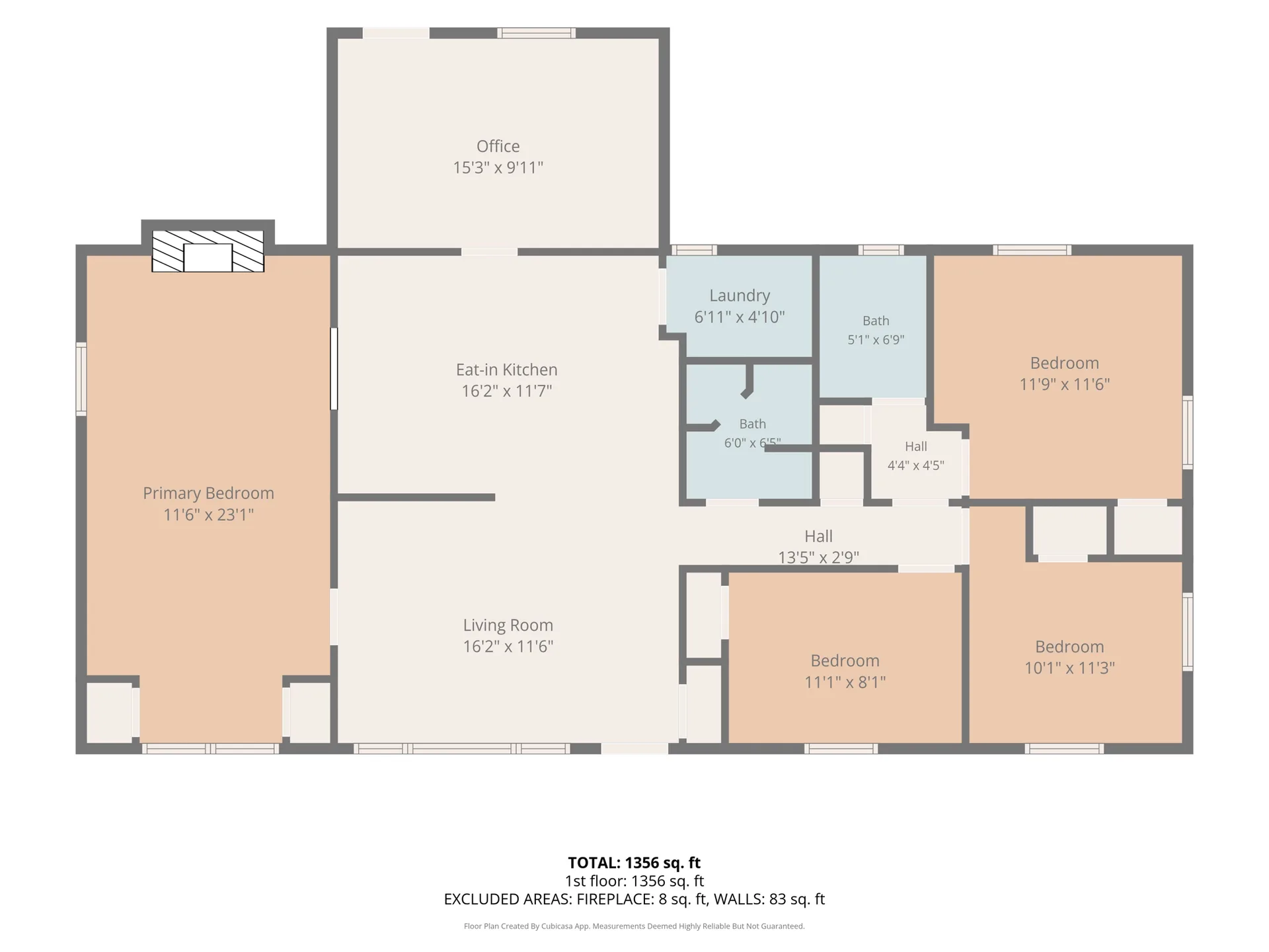 Floor plan of 1343 Bartlett Rd with room dimensions totaling 1,356 square feet, showing measurements for each room