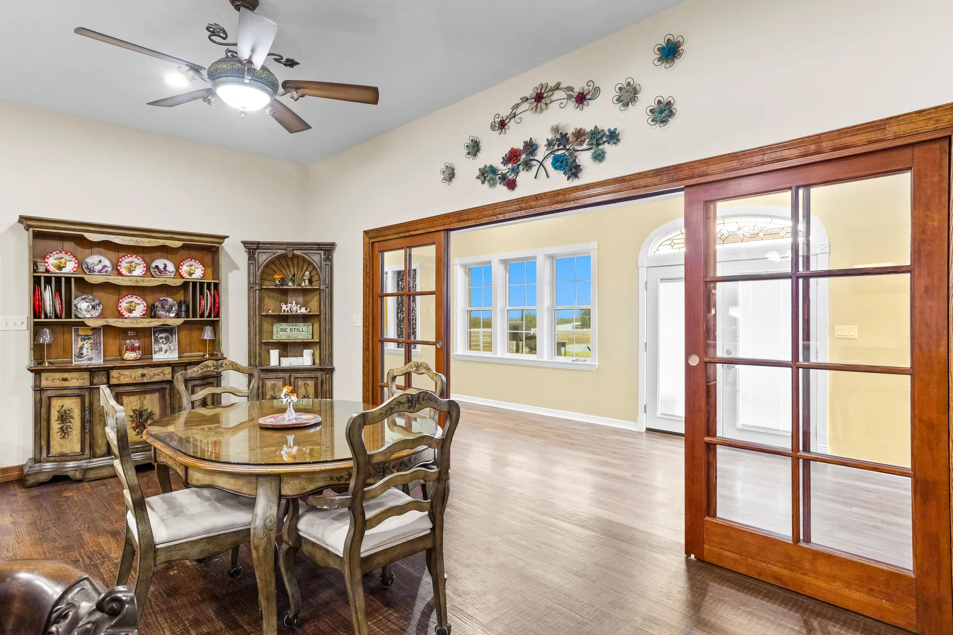 Traditional dining room with dark wood accents