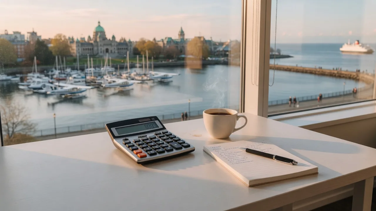 Financial planning and calculation scene with Victoria harbour view