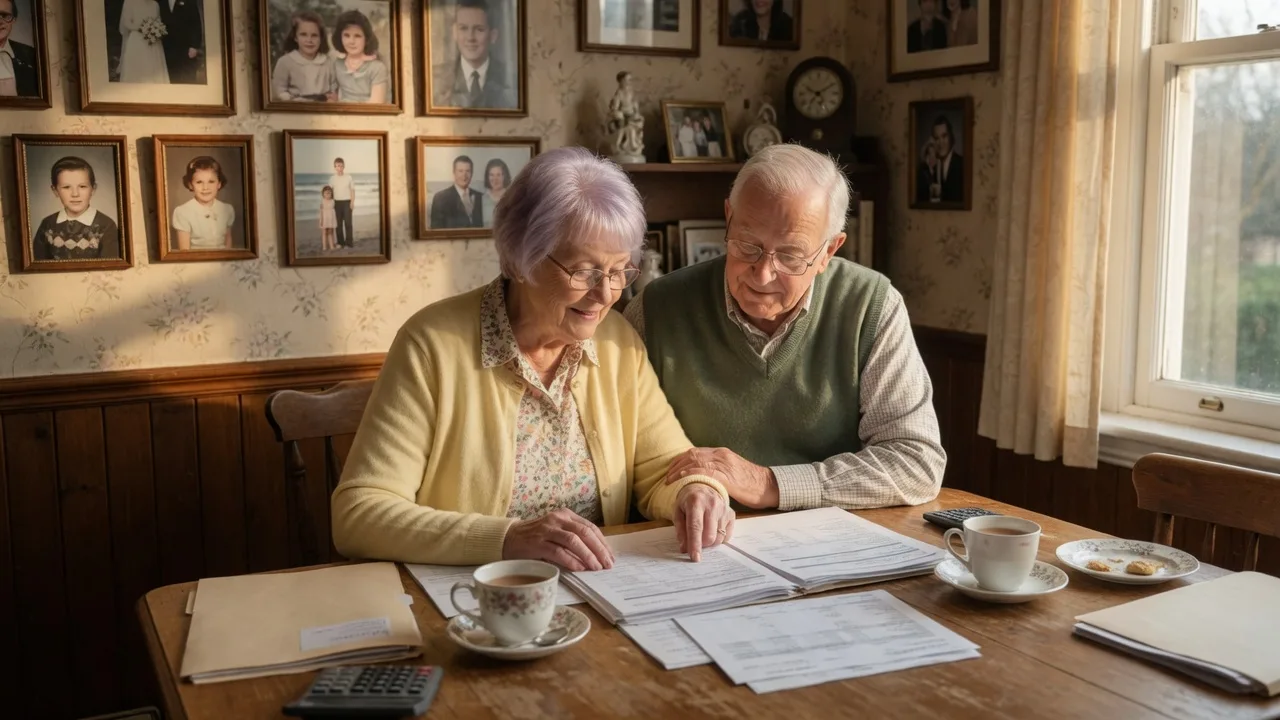 A couple reviewing financial documents at a kitchen table