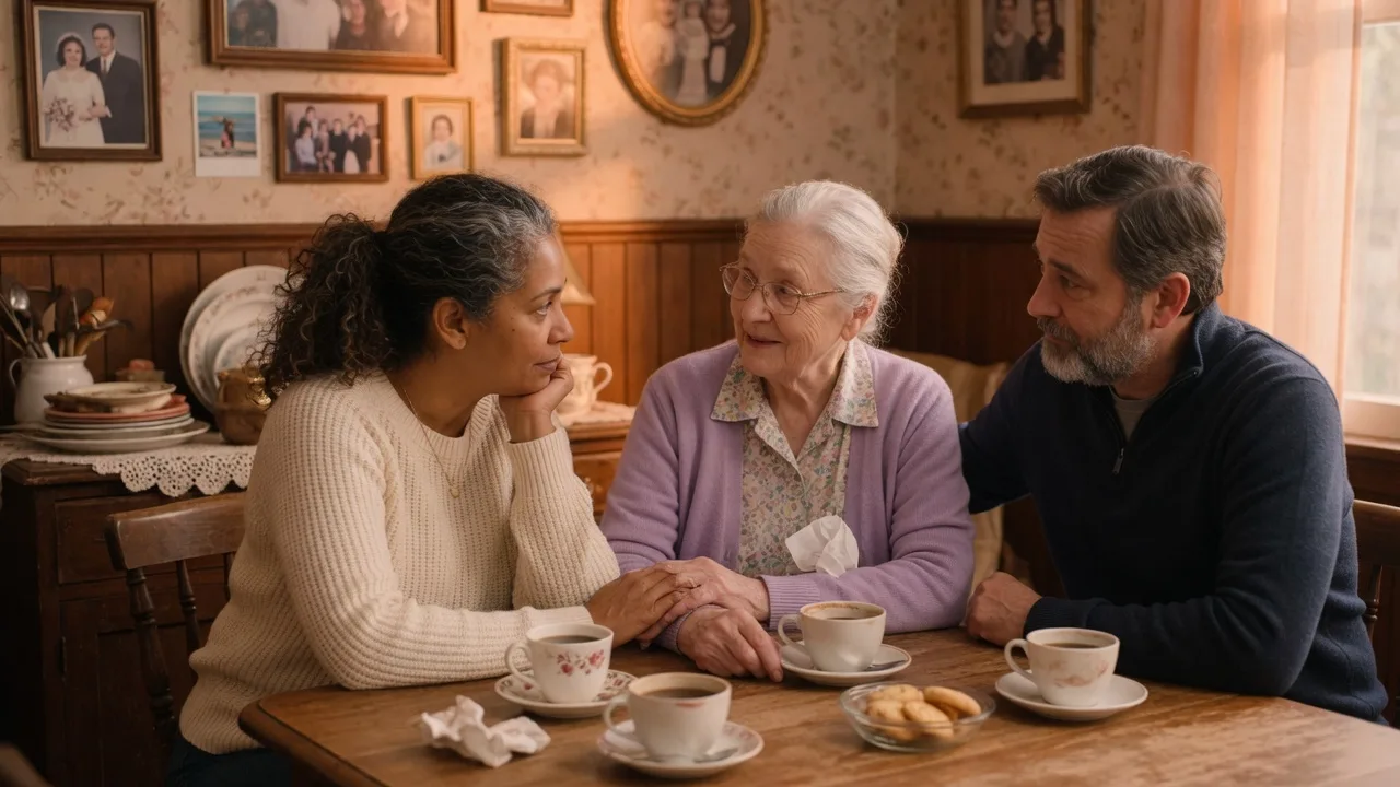 Family members having a warm conversation at a kitchen table