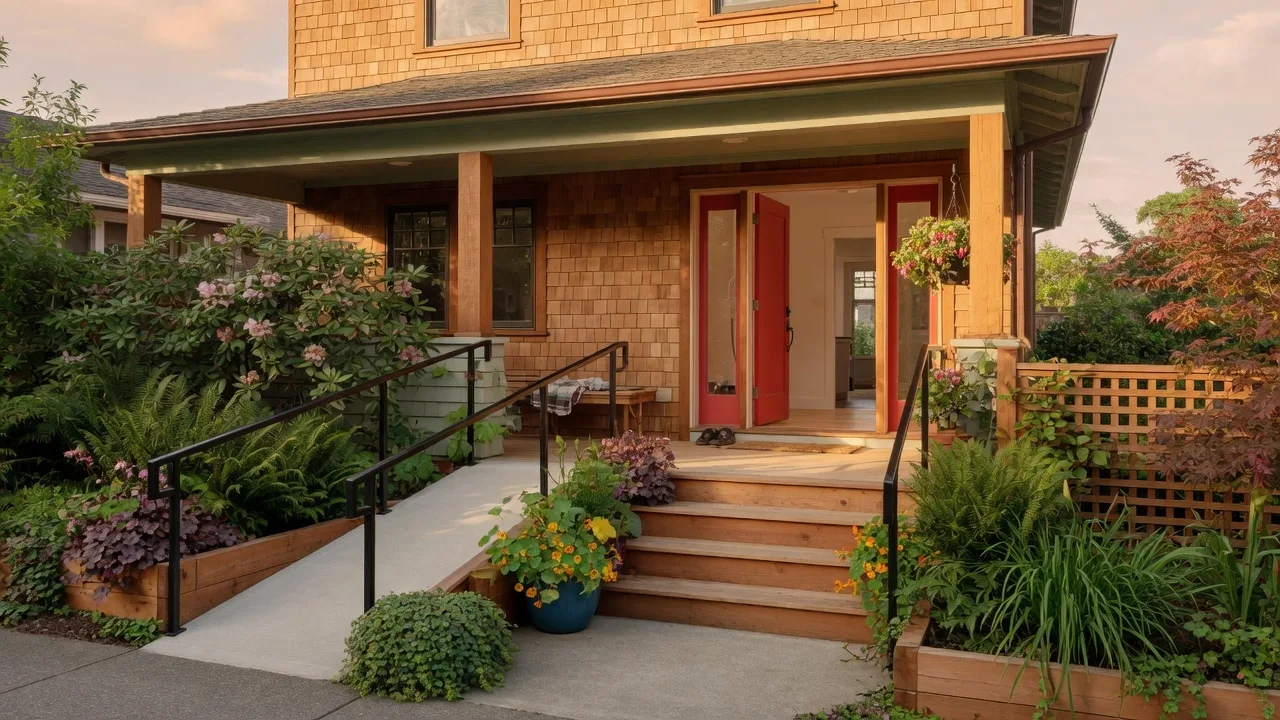 Welcoming accessible home entrance with a gentle ramp and wide doorway