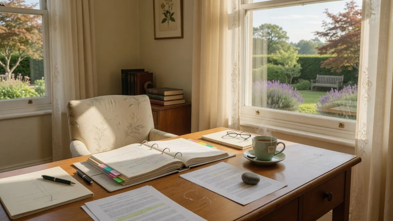 A calm home office with paperwork and a view of a garden through a window