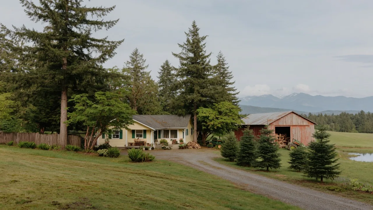 Rural property on southern Vancouver Island with mature trees and mountain views