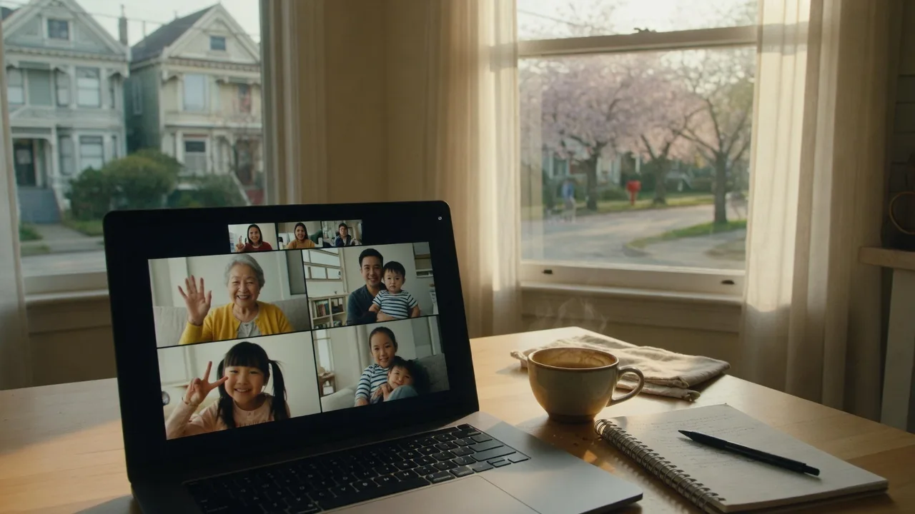 Laptop on a kitchen table with a video call and a view of a Victoria neighbourhood