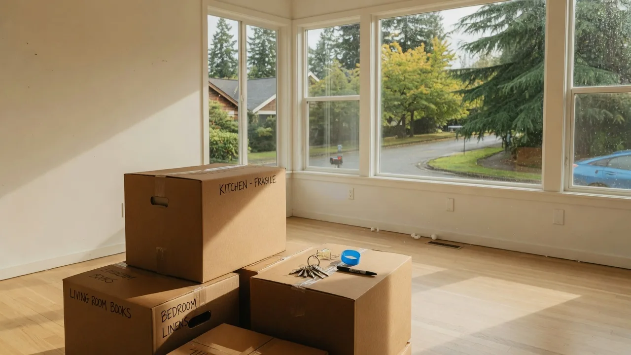 Packed moving boxes in a sunlit empty room representing the transition between homes