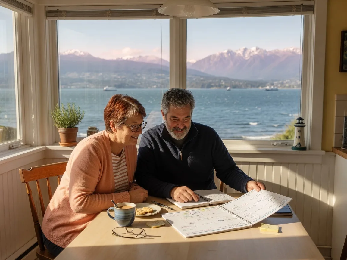 A couple planning their future at a kitchen table with a view of the ocean and mountains in Victoria